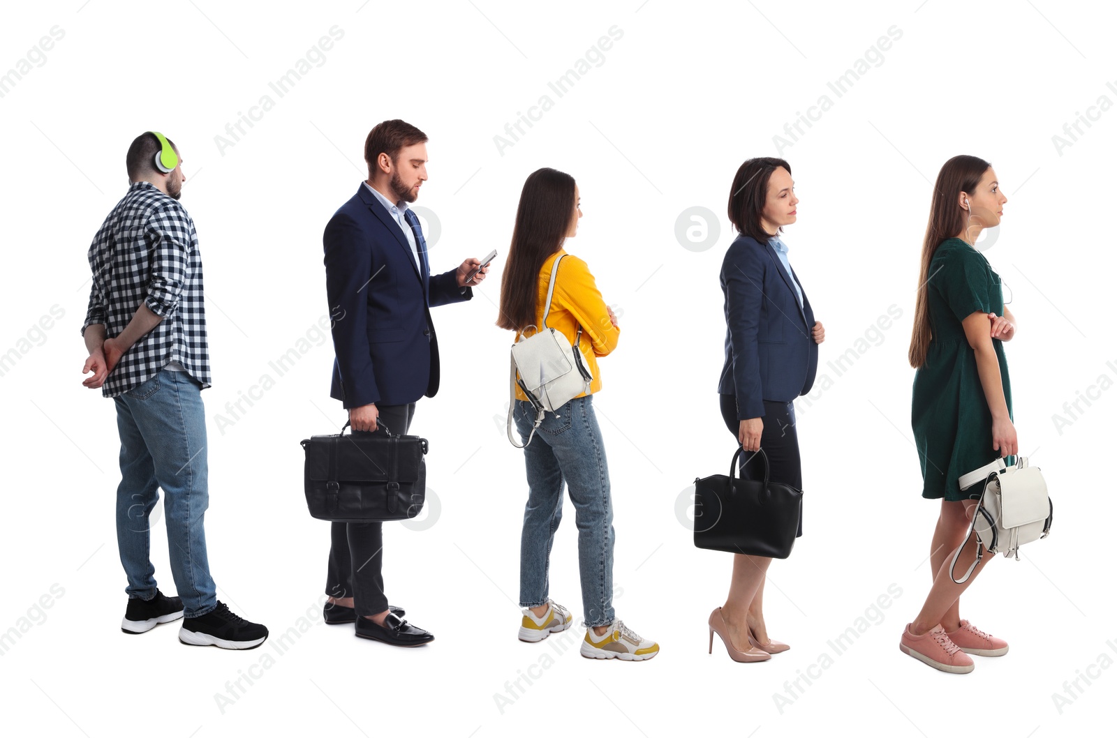 Image of People waiting in queue on white background