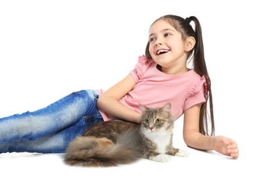 Photo of Cute little girl with cat on white background