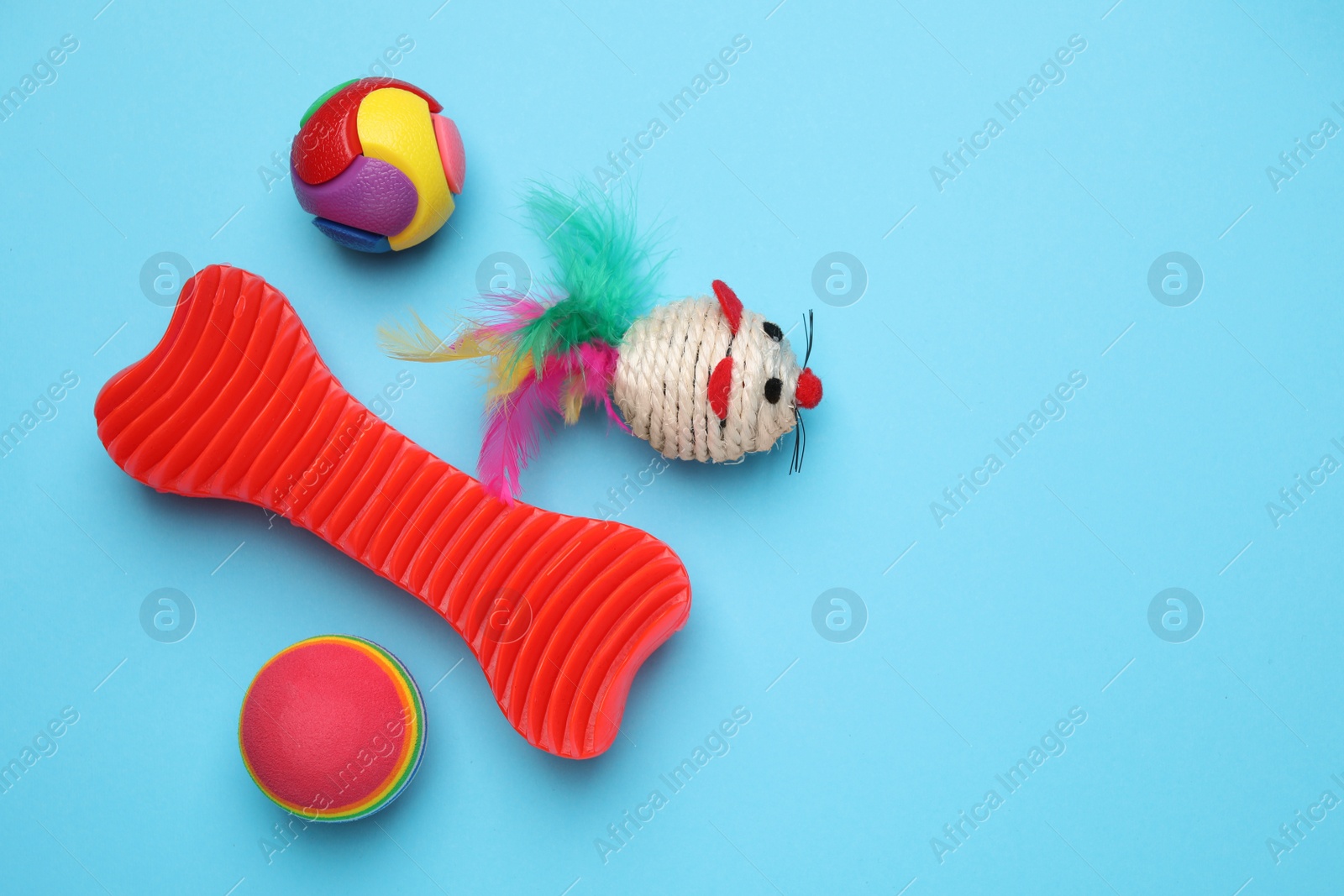 Photo of Different pet toys on light blue background, flat lay. Space for text