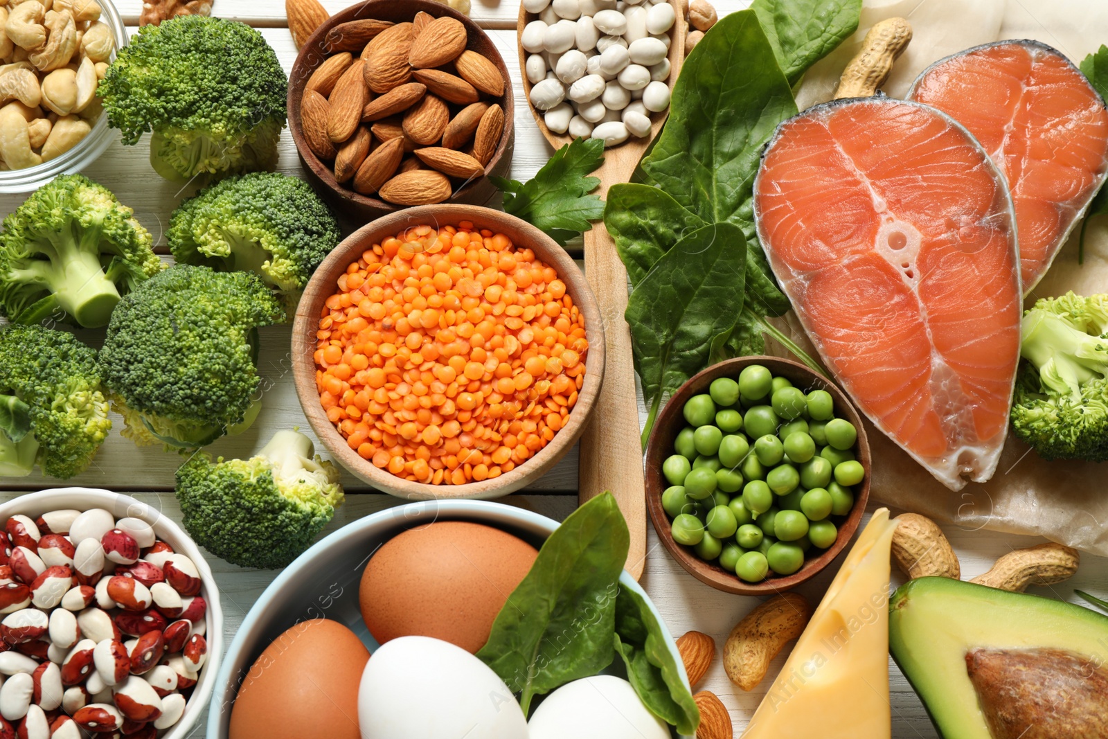 Photo of Products rich in protein on table, flat lay