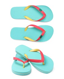 Image of Pairs of turquoise flip flops on white background, collage