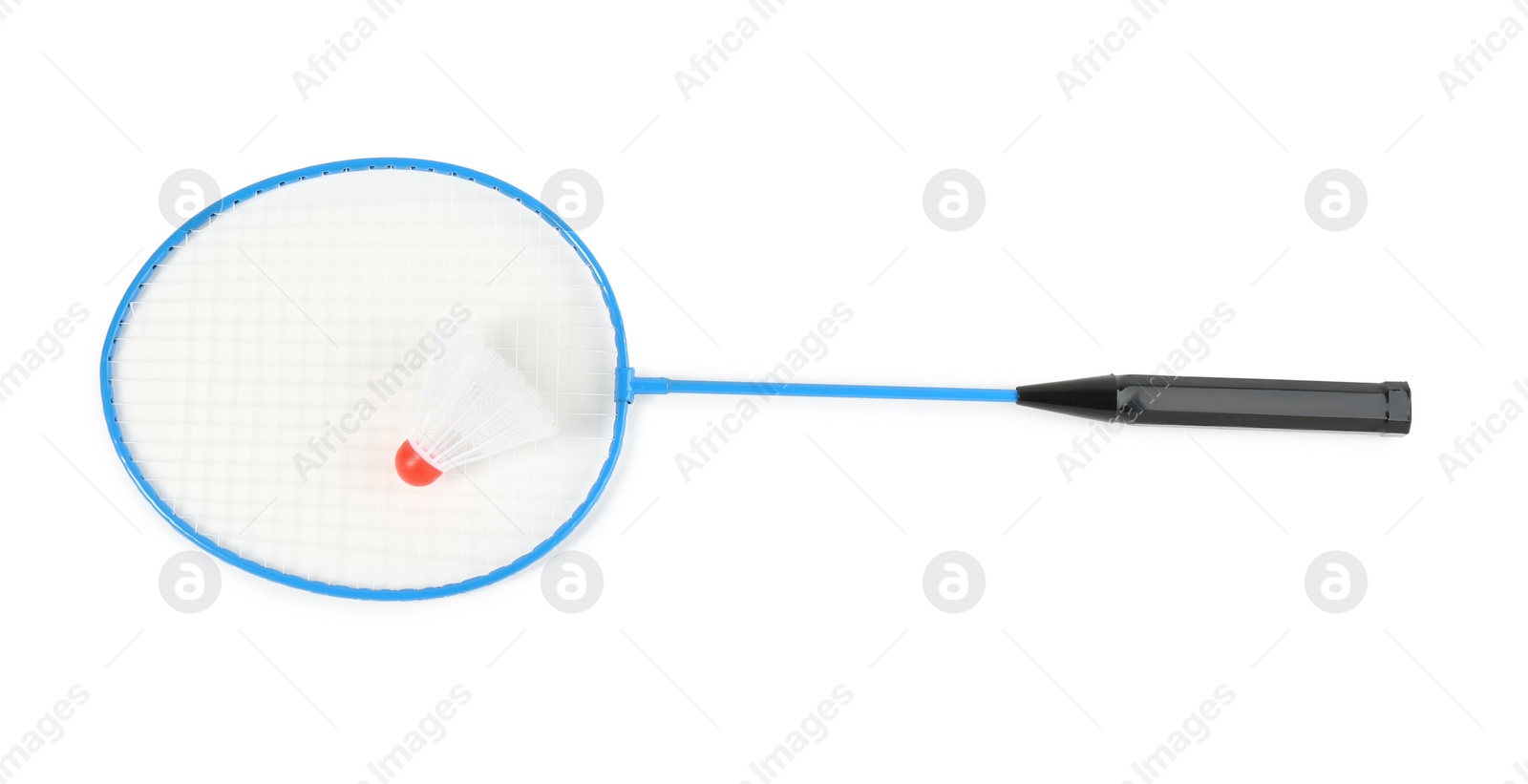 Photo of Racket and shuttlecock on white background, top view. Badminton equipment