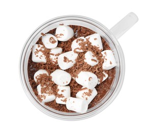 Photo of Glass cup of delicious hot chocolate with marshmallows on white background, top view