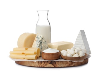 Different dairy products on white background