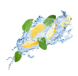 Image of Fresh ripe lemon, mint and splashing water on white background