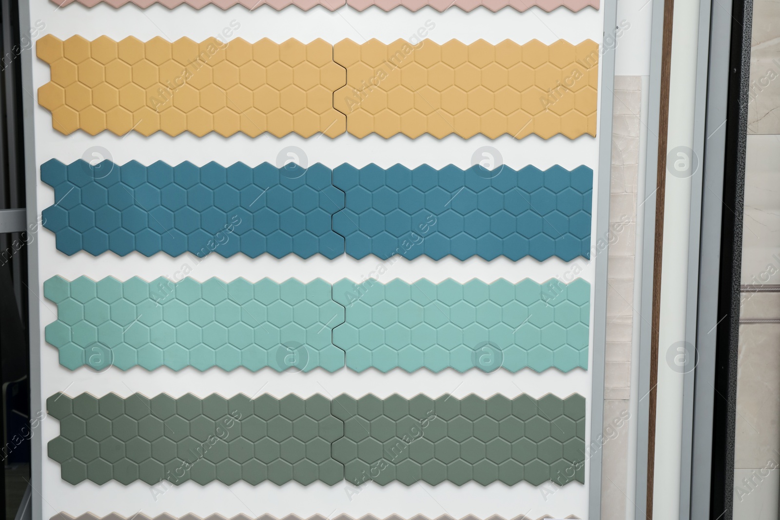 Photo of Samples of tile colors display in store