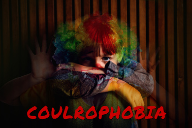 Coulrophobia concept. Double exposure of scared little girl and clown