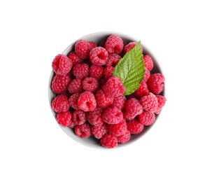 Bowl of fresh ripe raspberries with green leaf isolated on white, top view