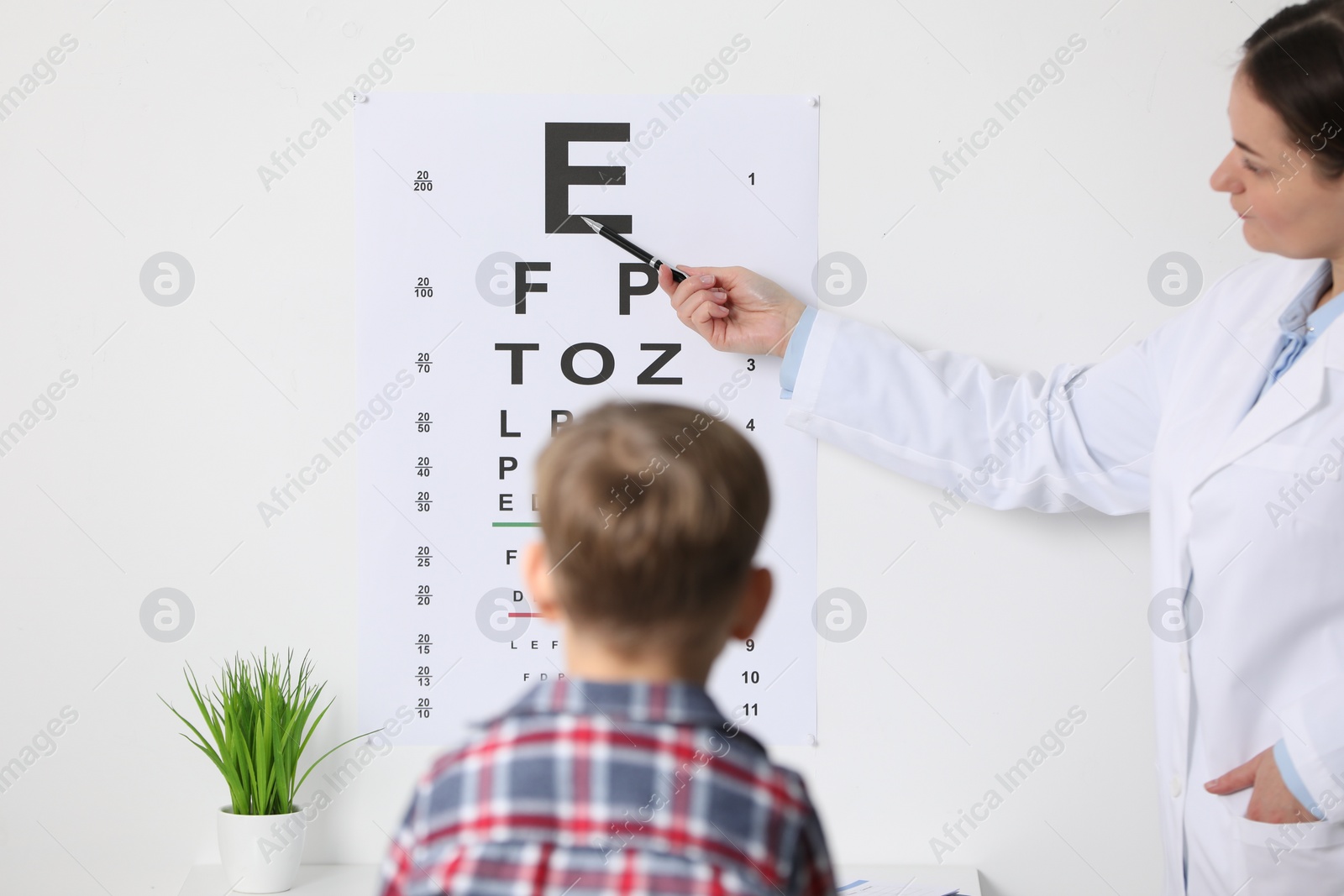 Photo of Ophthalmologist testing little boy's vision in clinic