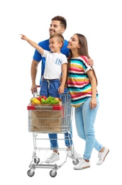 Happy family with shopping cart on white background