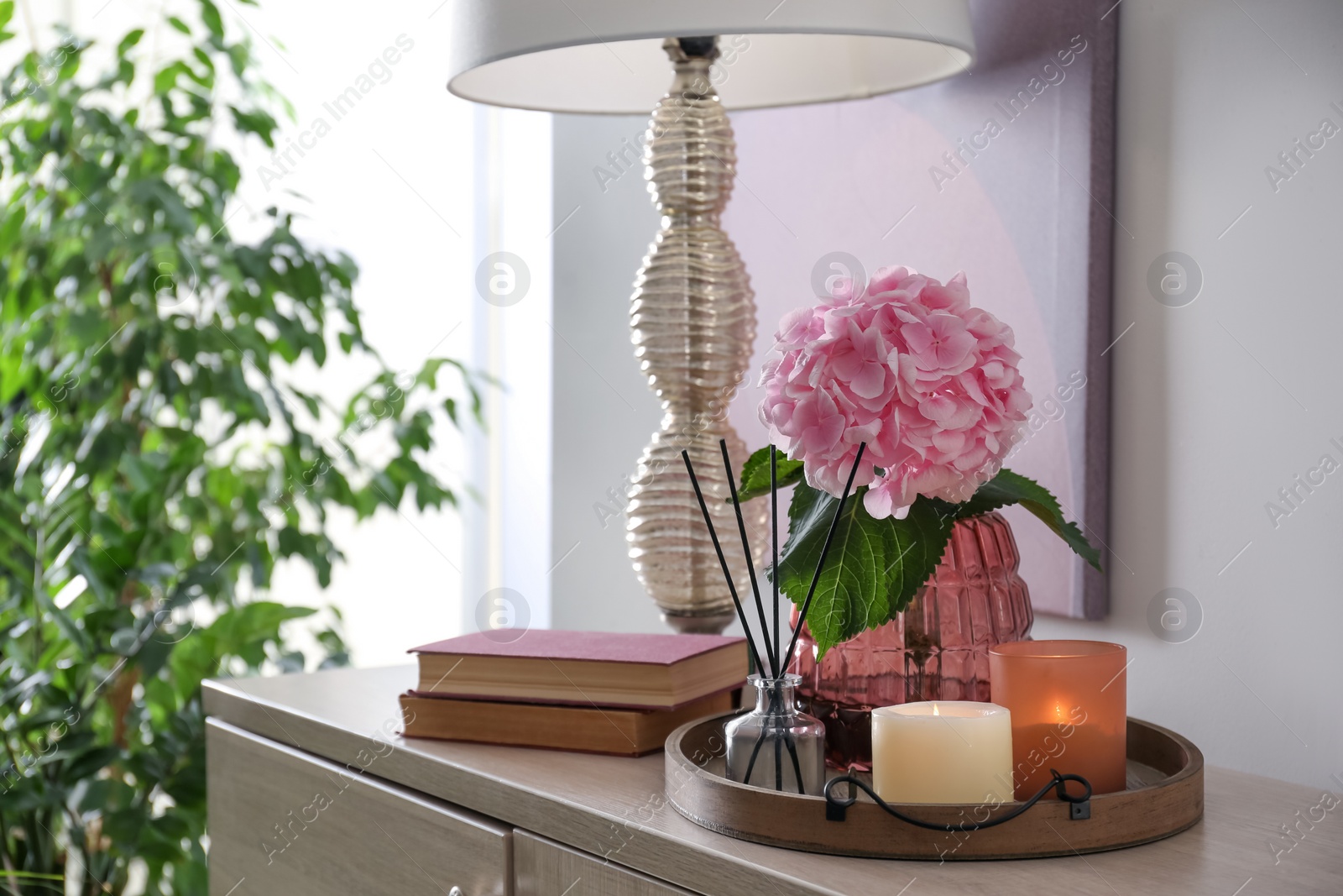 Photo of Stylish tray with different interior elements and lamp on chestdrawers indoors