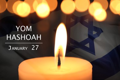 Image of Yom Hashoah, January 27. Burning candle and flag of Israel, double exposure