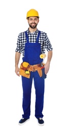 Full length portrait of construction worker with tool belt on white background