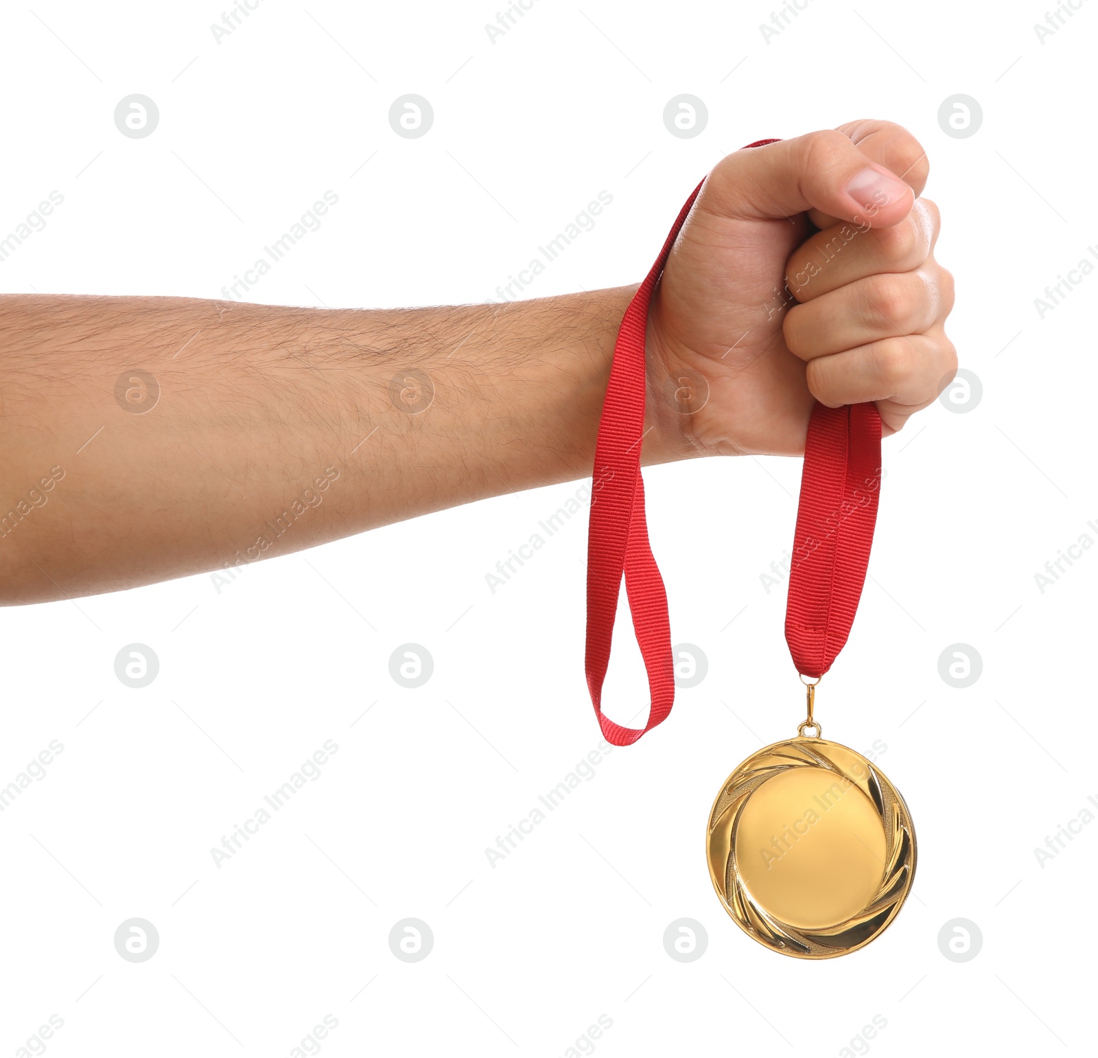 Photo of Man holding golden medal on white background, closeup. Space for design