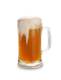 Glass mug of tasty light beer on white background