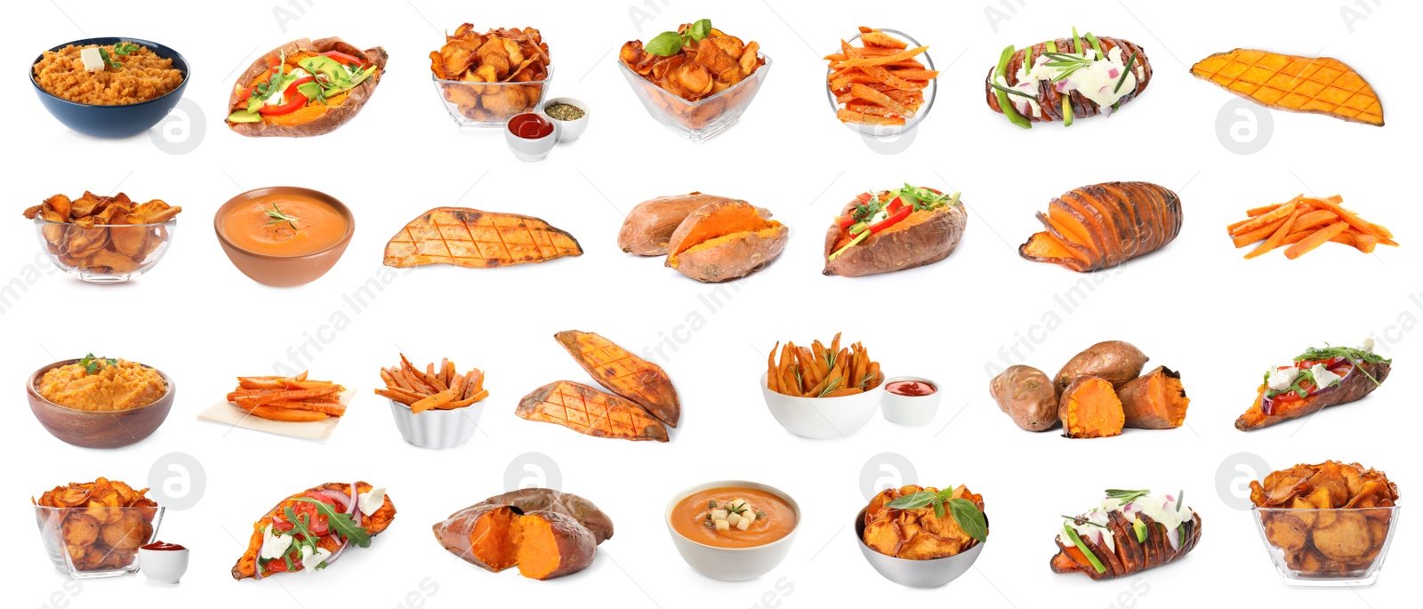 Image of Set of delicious sweet potatoes dishes on white background. Banner design