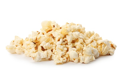 Pile of tasty fresh popcorn on white background