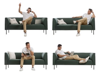 Image of Man resting on stylish sofa against white background, collage