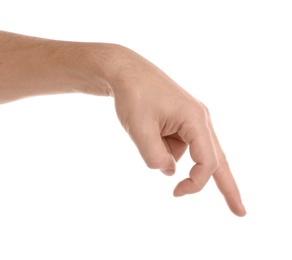 Man showing hand on white background, closeup