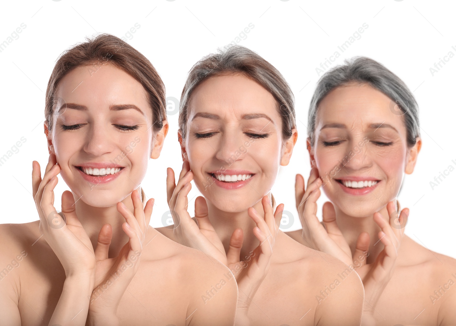 Image of Natural aging, comparison. Portraits of woman in different ages on white background