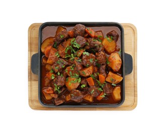 Photo of Delicious beef stew with carrots, parsley and potatoes on white background, top view