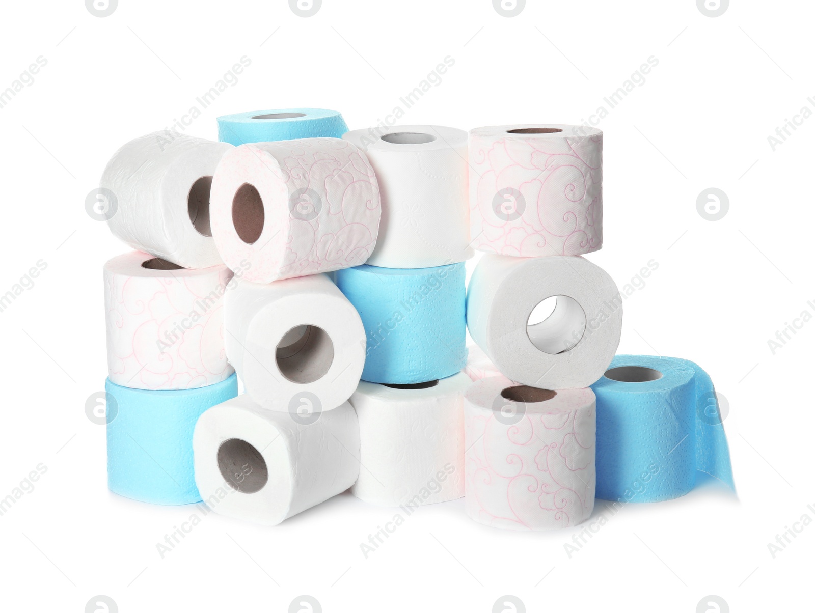 Photo of Different toilet paper rolls on white background