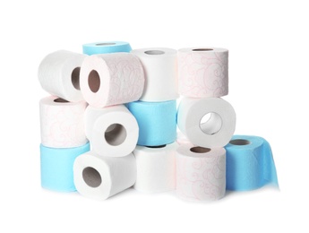 Different toilet paper rolls on white background