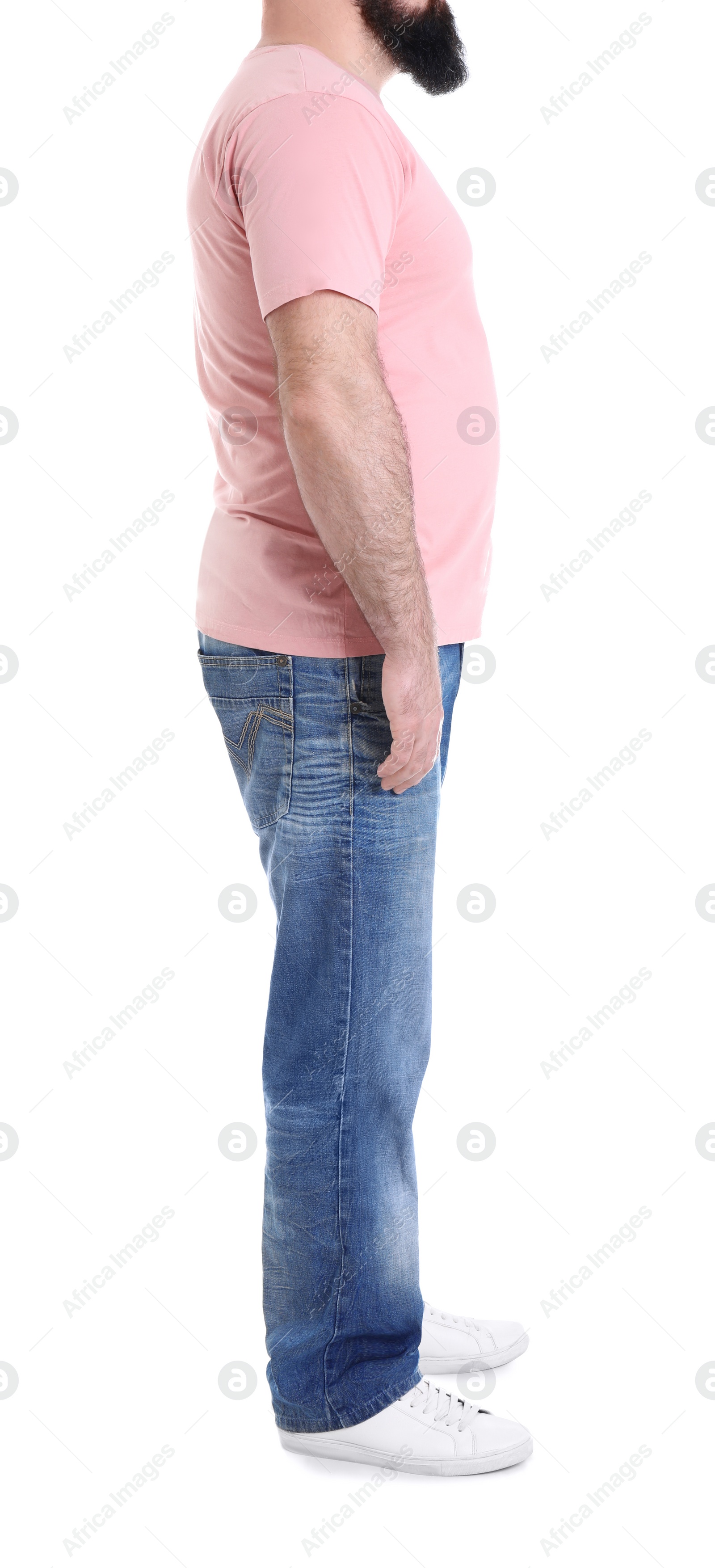 Photo of Overweight man isolated on white, closeup. Weight loss