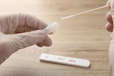 Photo of Doctor making laboratory testing at wooden table, closeup