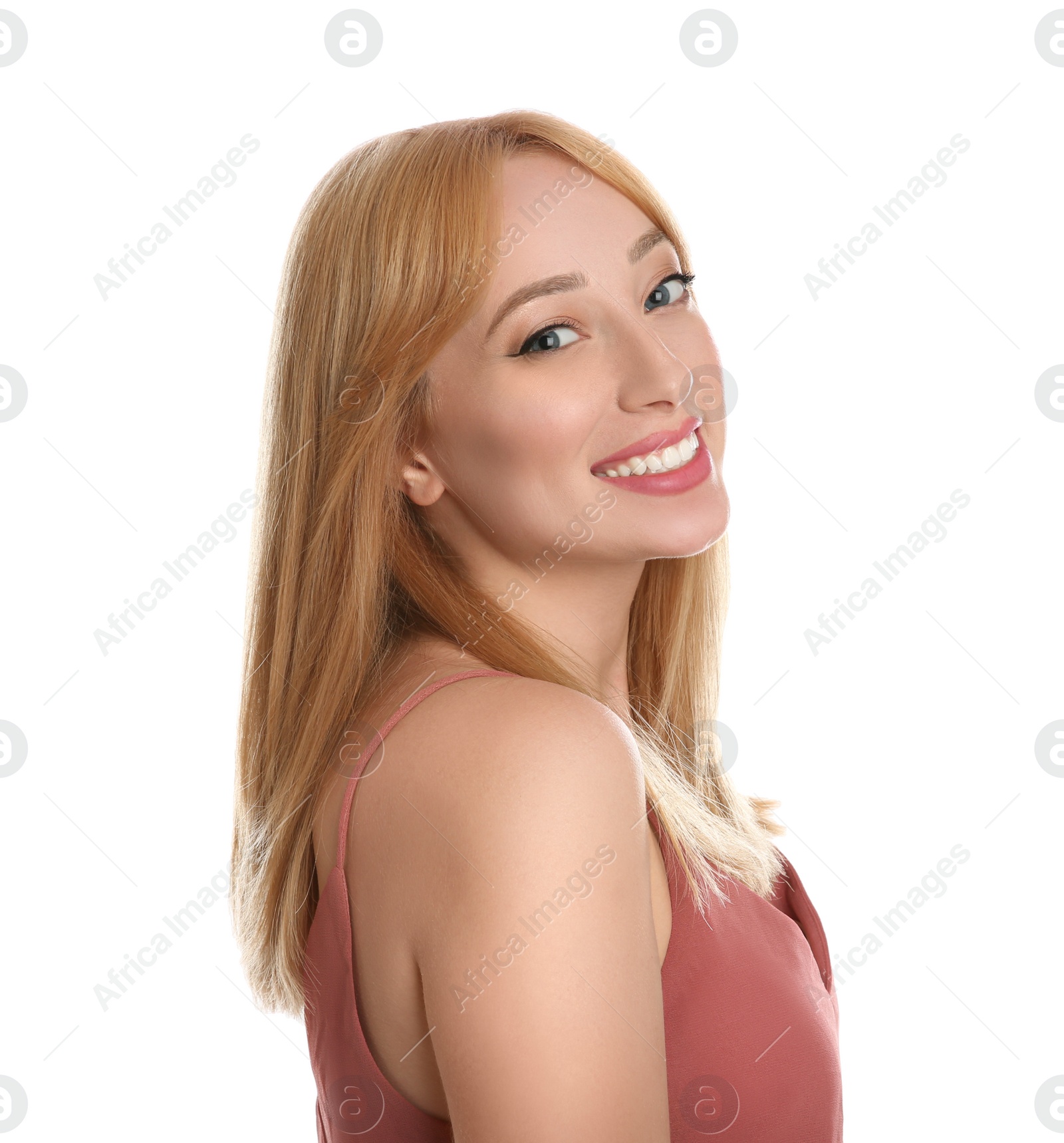 Photo of Portrait of beautiful young woman with blonde hair on white background