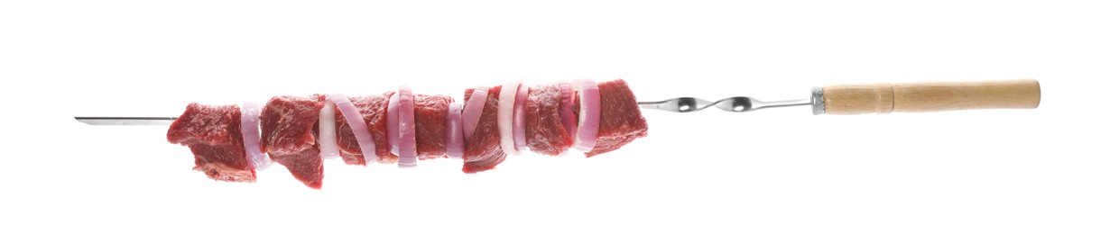 Metal skewer with raw meat and onion on white background
