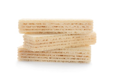 Delicious crispy wafers on white background. Sweet food