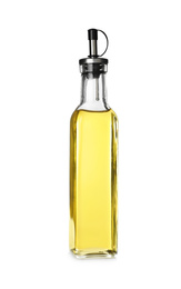 Photo of Cooking oil in glass bottle isolated on white