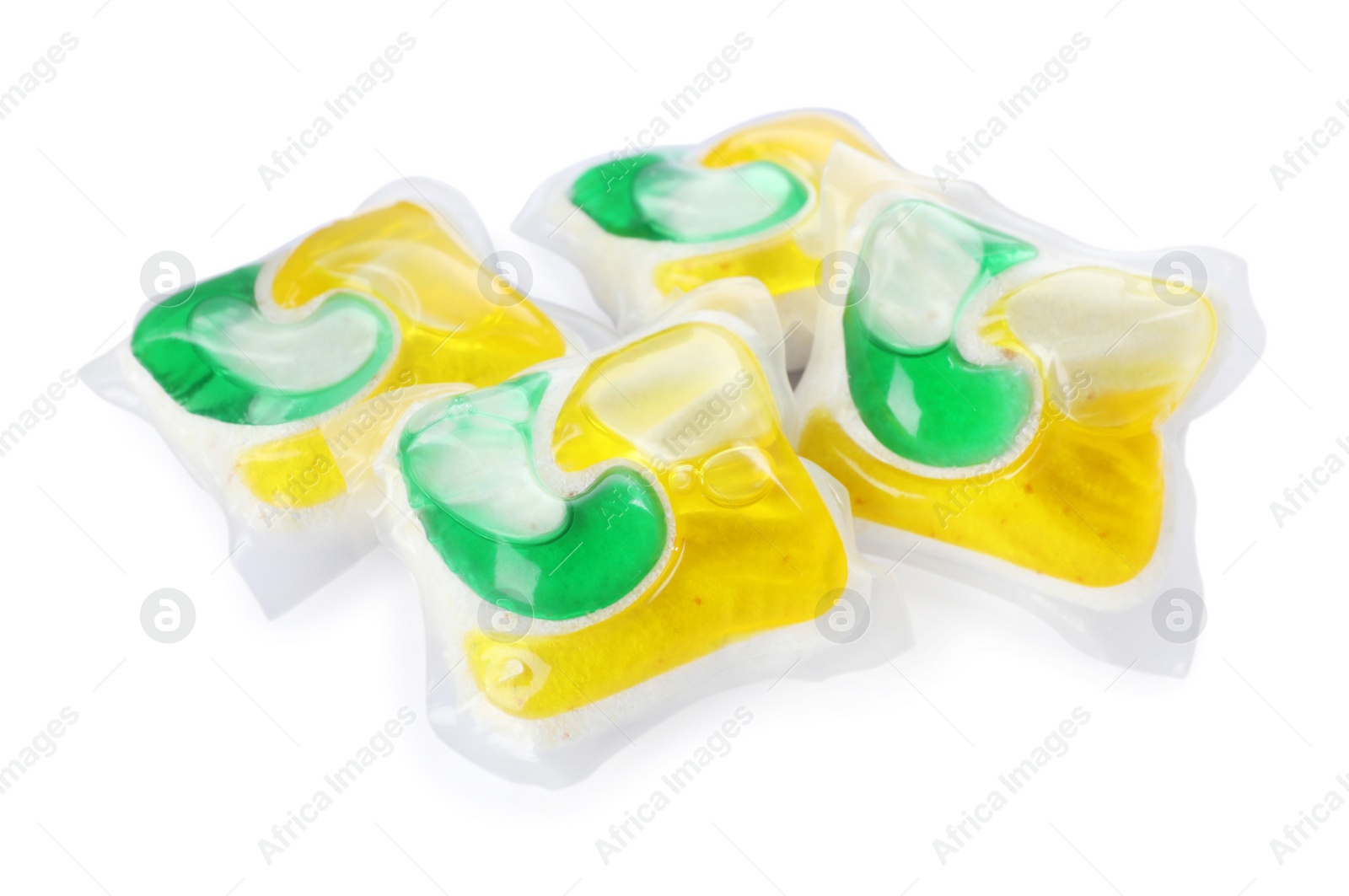 Photo of Many dishwasher detergent pods on white background