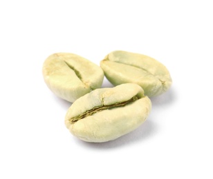 Photo of Green coffee beans on white background, closeup