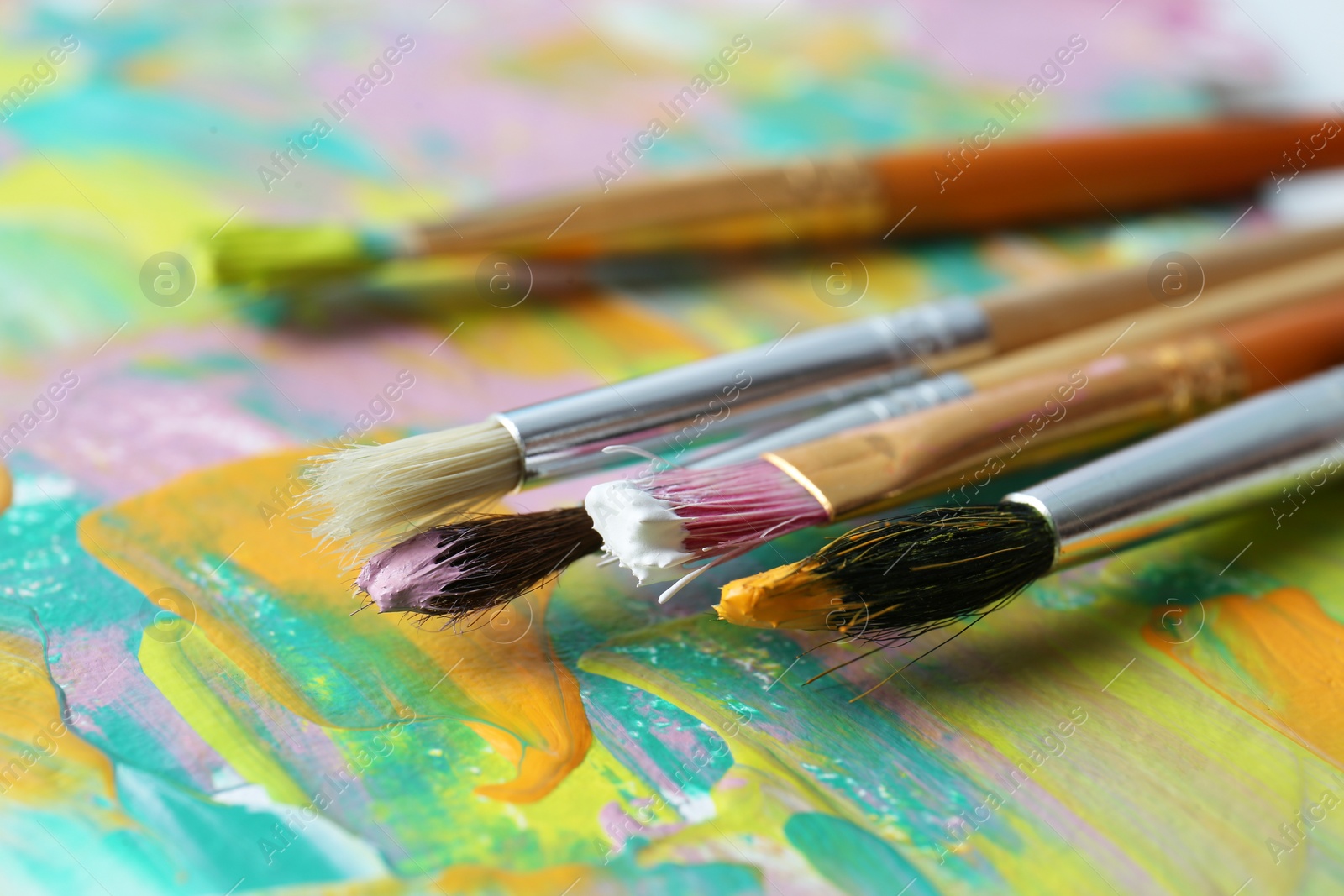 Photo of Set of different brushes on abstract colorful paint, closeup