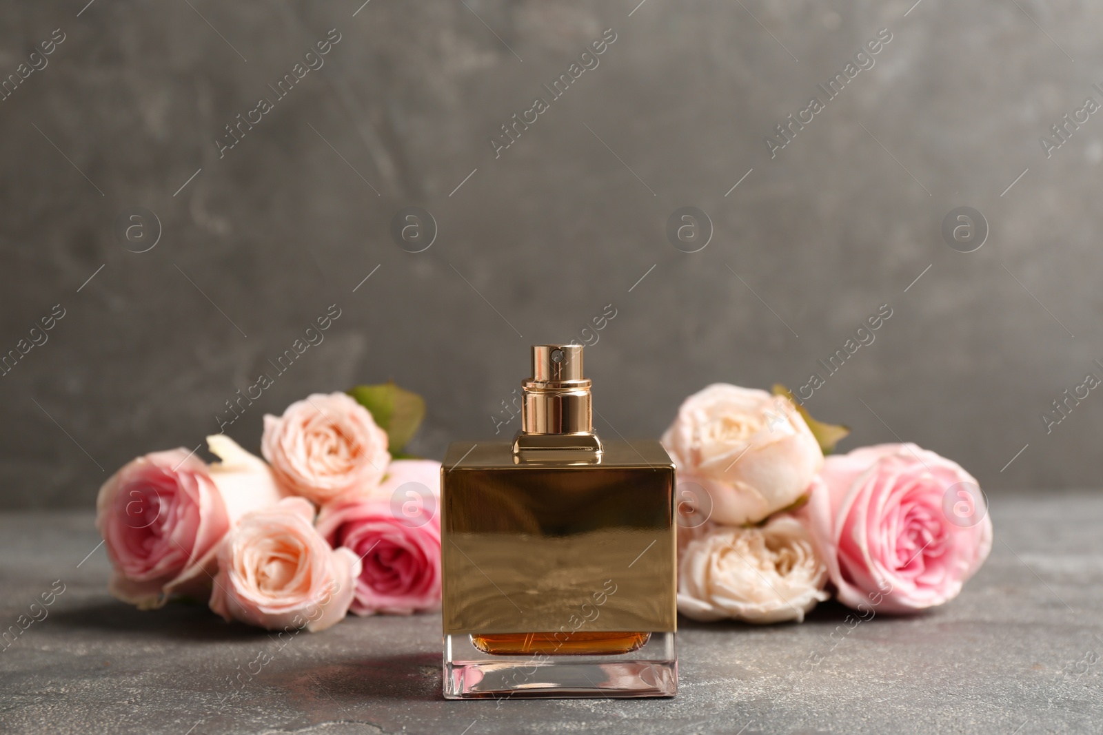 Photo of Bottle of perfume with beautiful roses on table, space for text
