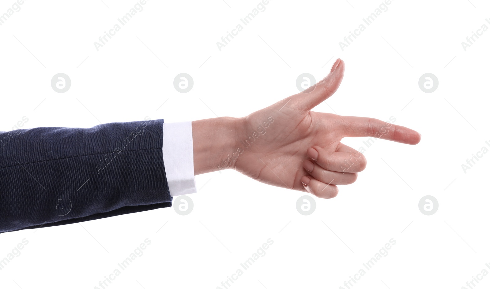 Photo of Woman pointing with index finger on white background, closeup