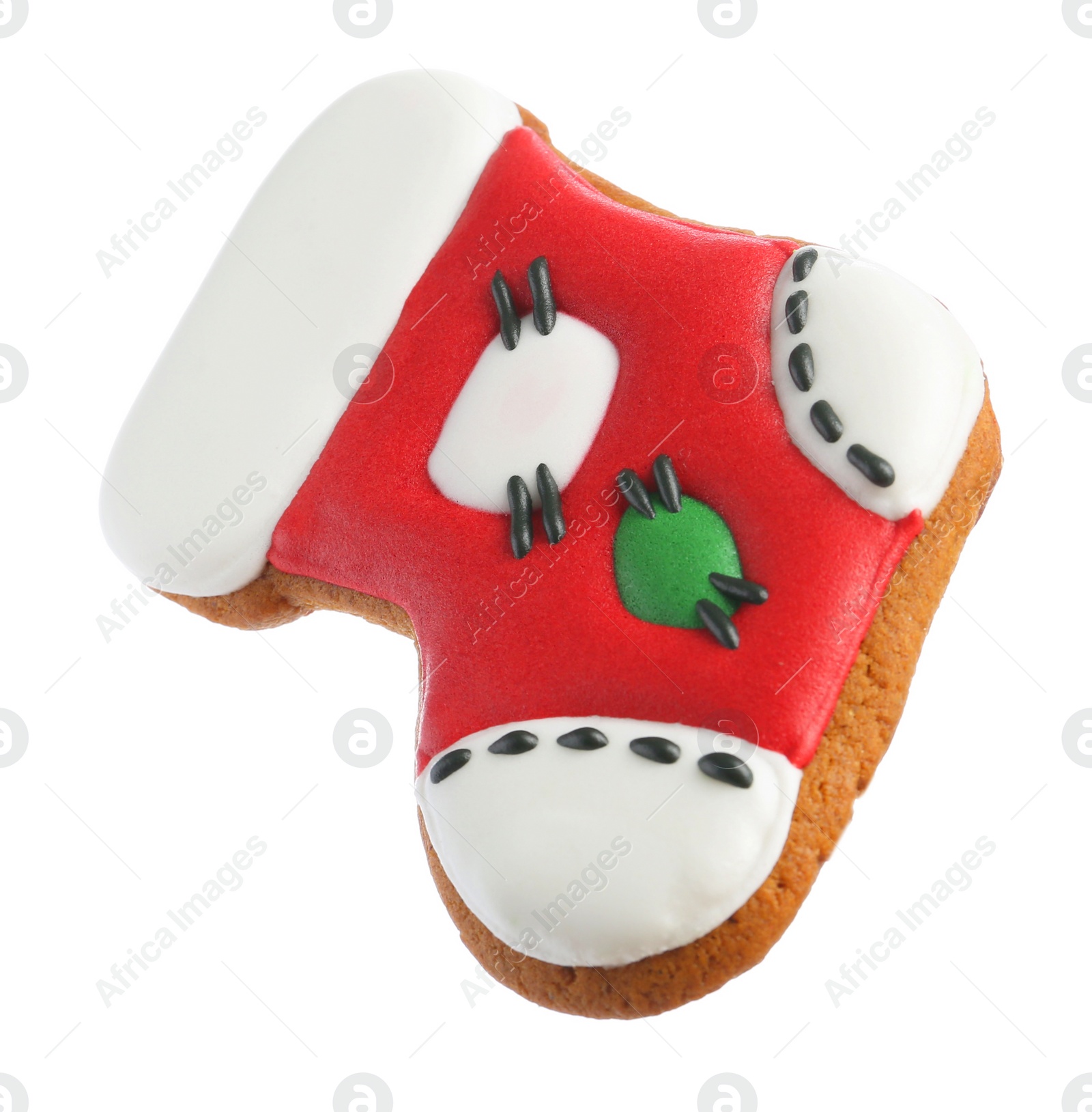 Photo of Delicious cookie in shape of Christmas stocking isolated on white