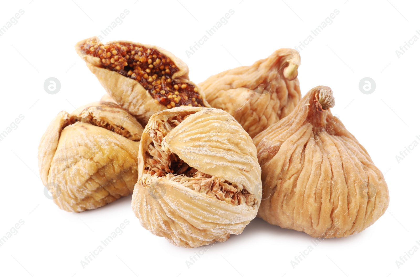 Photo of Many tasty dried figs isolated on white