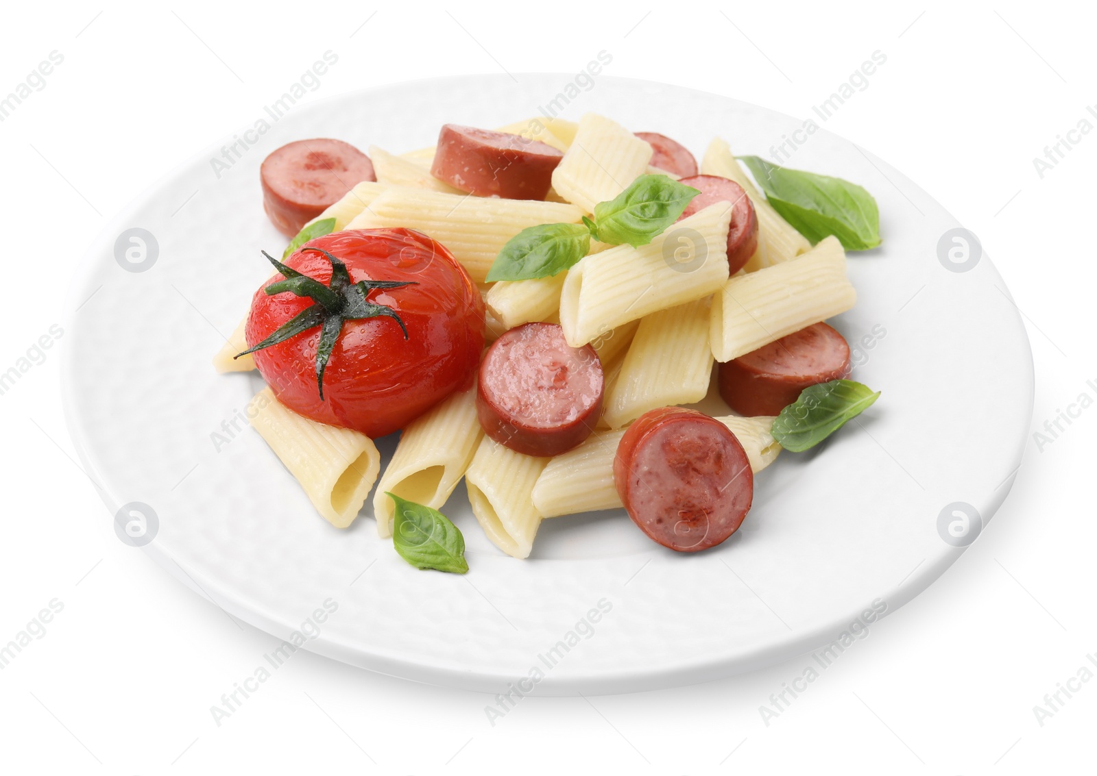 Photo of Tasty pasta with smoked sausage, tomato and basil isolated on white