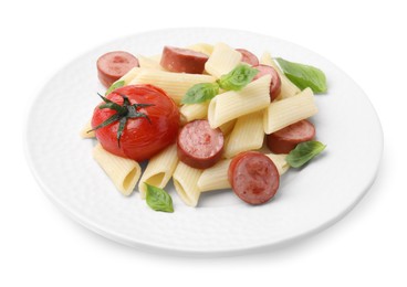 Photo of Tasty pasta with smoked sausage, tomato and basil isolated on white