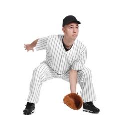 Photo of Baseball player with glove on white background
