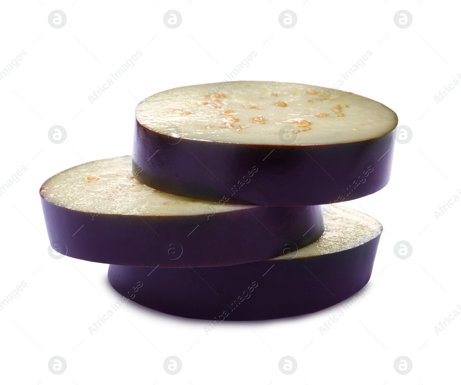 Photo of Slices of ripe eggplant isolated on white