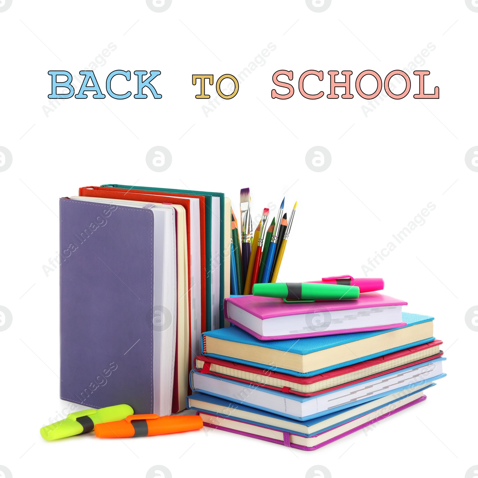 Image of Text Back To School and different stationery on white background