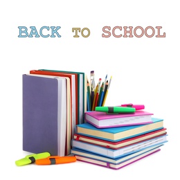 Text Back To School and different stationery on white background