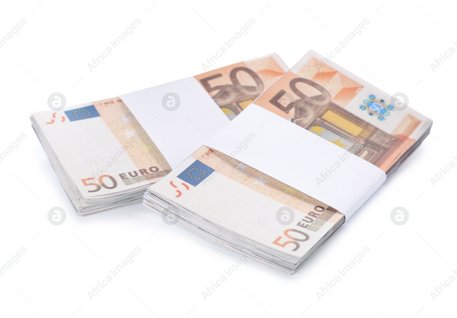 Photo of Stacks of euro banknotes isolated on white. Money and finance