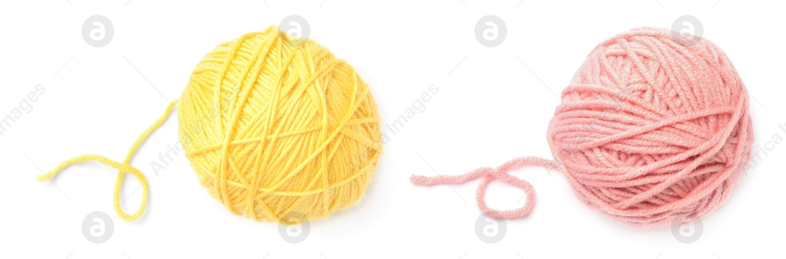 Image of Different woolen yarns on white background, top view. Banner design