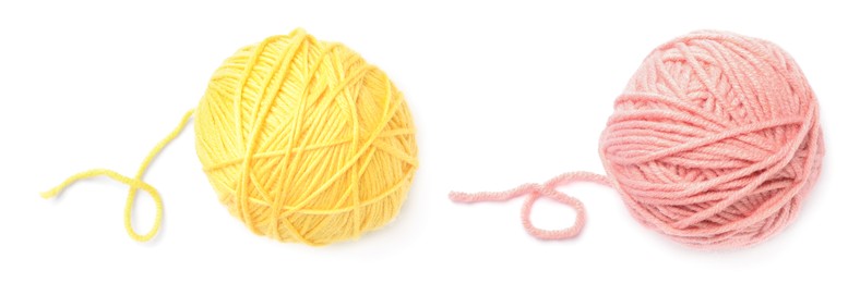 Image of Different woolen yarns on white background, top view. Banner design