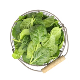 Photo of Basket of spinach leaves isolated on white, top view